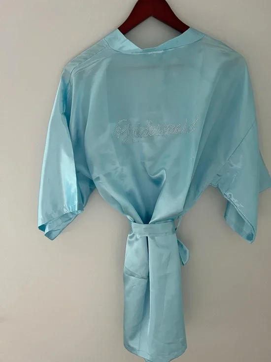EPLAZA Acid Blue Satin Bridesmaid Rhinestone Robe Kimono Wrap for Women Size O/S - Picture 9 of 17